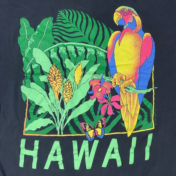 Vintage Poly Tees Shirt Adult XXXL Black Hawaii Parrot 1990 Flowers Butterfly - Picture 8 of 16